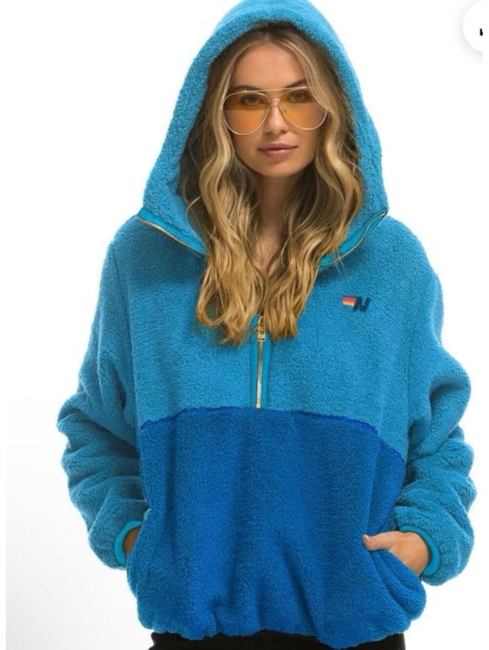 AVIATOR NATION TEDDY UNISEX HOODED HALF ZIP COLOR BLOCK JACKET  OCEAN SZ S